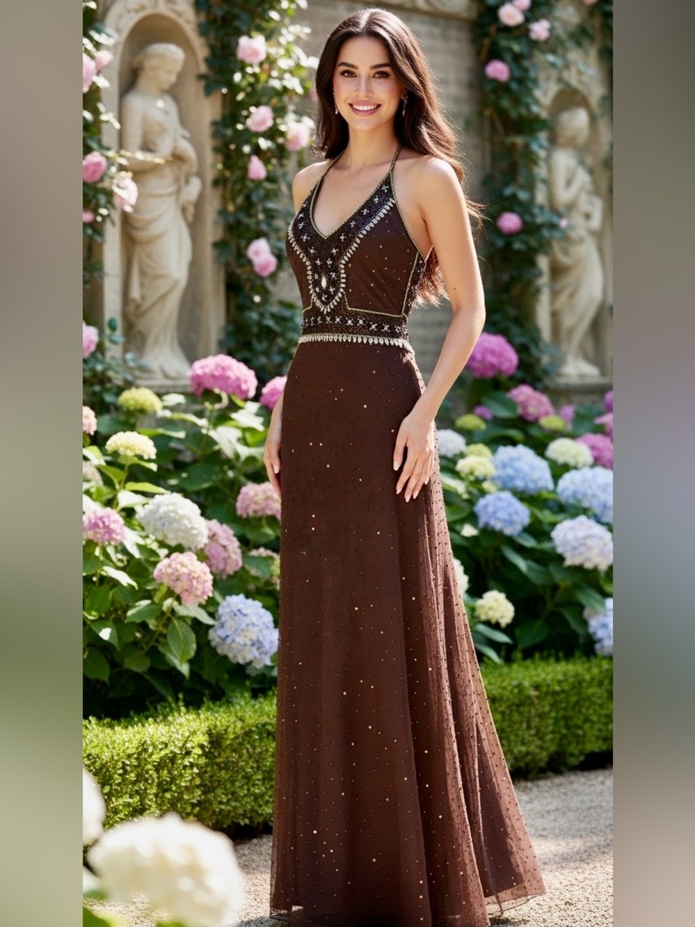 Elegant bronze/Brown hand beaded Maxi Dress stretch fabric. NWT. SM beautiful.